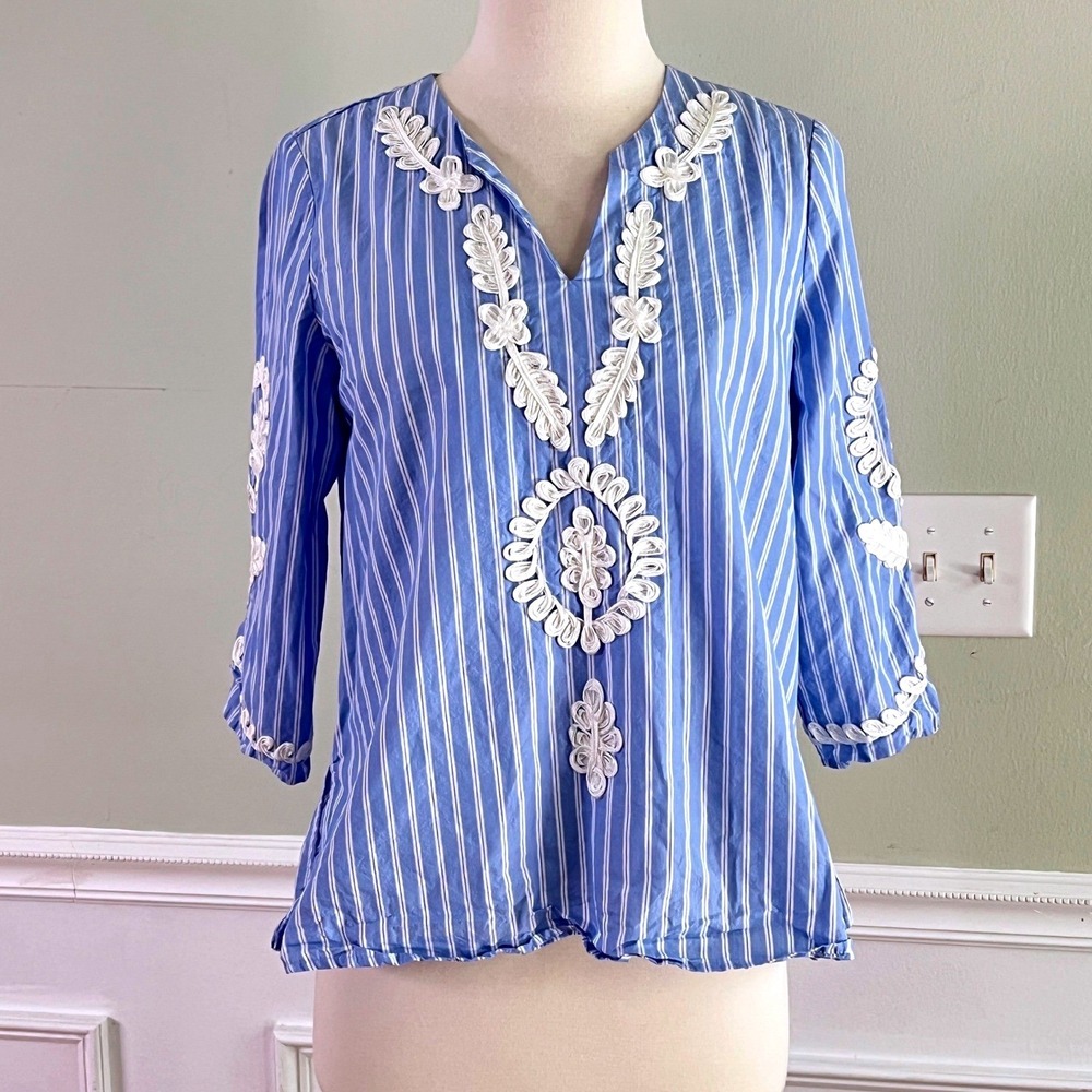 AB Studio Blouse L Women Embroidered Soutache Tunic Blue Striped Coastal Summer